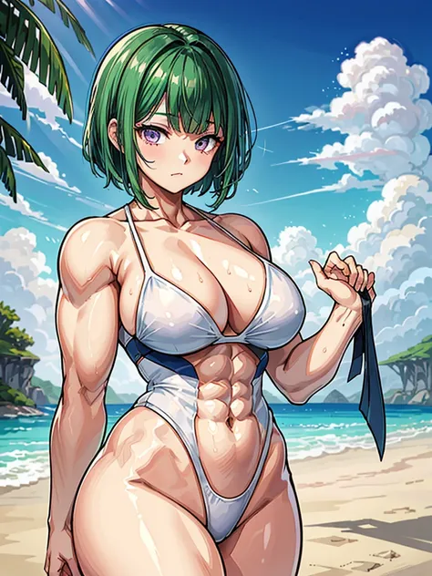 （（（masterpiece、Highest image quality、highest quality、highly detailed unity 8ｋwallpaper）））、（（Illustration of one girl））、（（（beautiful girl）））、（（green hair、very short hair、sidelocks、purple eyes））、（stocky build, thickset physique, muscular legs, broad shoulder...