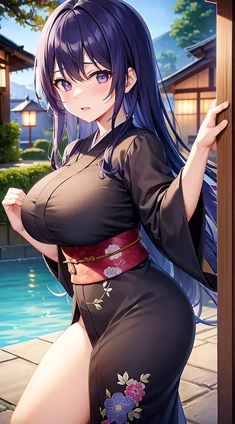 Beautiful woman with big breasts、black kimono（plum blossom pattern）、wet kimono、wet appearance、blue hair、（evening）Japanese garden、long hair down to the waist、purple eyes、embarrassed face、standing position、water dripping、