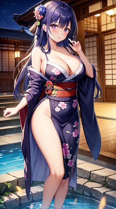 Beautiful woman with big breasts、black kimono（plum blossom pattern）、wet kimono、wet appearance、blue hair、（evening）Japanese garden、long hair down to the waist、purple eyes、embarrassed face、standing position、water dripping、