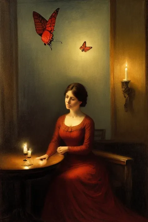 stranger lady in red dress, turning on a candle in  a dark room, there are some  Butterflies around candle, there is no light except candle light, dark atmosphere around subject, lithograph style, symbolic style painting in the style of Odilon Redon, impre...