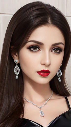 Lebanese lady, diamond dangling earrings, necklace, bracelets, small breasts, 40 years old, smokey eyes, cleavages, red lips, innocent face, pvc dress