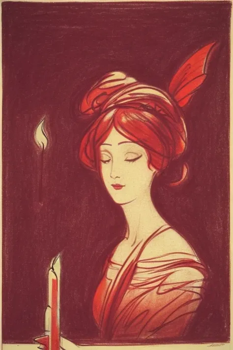 stranger lady in red dress, turning on a candle in  a dark room, there are some  Butterflies around candle, there is no light except candle light, dark atmosphere around subject, lithograph style, symbolic style painting in the style of Odilon Redon, impre...