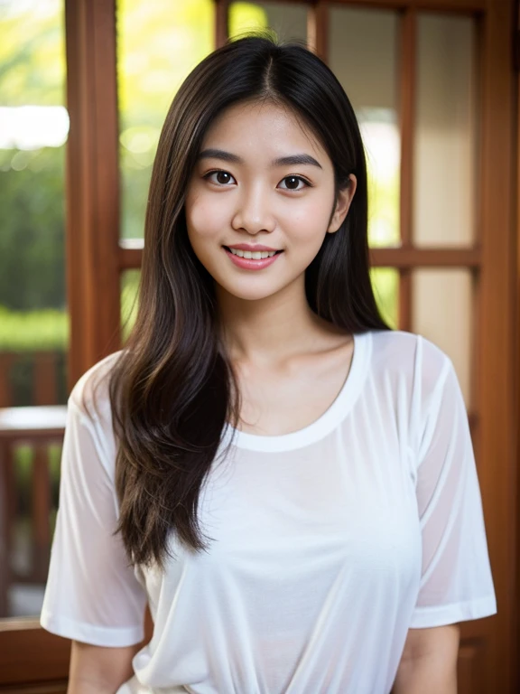 Classy chinese-malay girl with a perfect smile, looking straight to the camera, professional photography, professional lighting, portrait: 1.4, 85mm, midshot, waist shot, mirrorless camera, village blur background, bokeh, large breast, sleeve, modest, fluf...