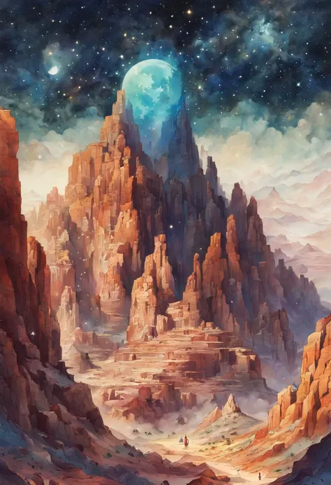 "a desert canyon made of stars on a starry night" double exposure collage art watercolor illustration, sharp contrast, fantasy, hdr, vibrant, surrealism, hyperdetailed, hypermaximalist illustration by Meg Chikhani, Victo Ngai, Rlon, Andreas Lie, Android Jo...