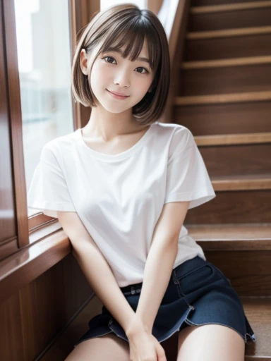 muste piece, Top quality, 8K, 15 years old, japanese girl, slender, Raw photo, absurd, award-winning portraits, (detailed face, shy smile), solo, Transparent white T-shirt made of very thin material、 sailor uniform, short sleeve, idol face, super mini skir...