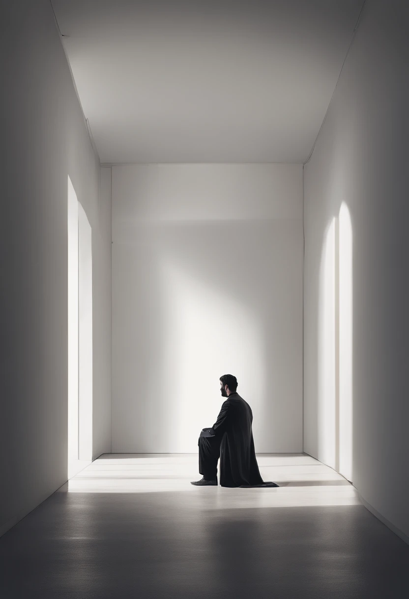 (best quality,4k,highres,masterpiece:1.2), ultra-detailed, realistic:1.37, a long and black-haired man with white clothes sitting in the corner of a blank room. melancholic look, detailed eyes, detailed lips, white clothes flowing, subtle shadows, atmosphe...