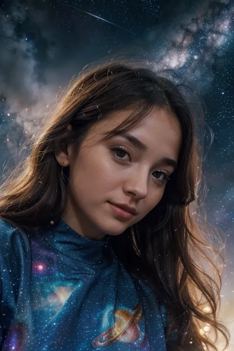 High detail, super detail, super high resolution, girl enjoying her time in the dream galaxy, surrounded by stars, warm light sprinkled on her, background is starry sky with colorful galaxies and galaxy clouds, stars flying around her, delicate face, addin...