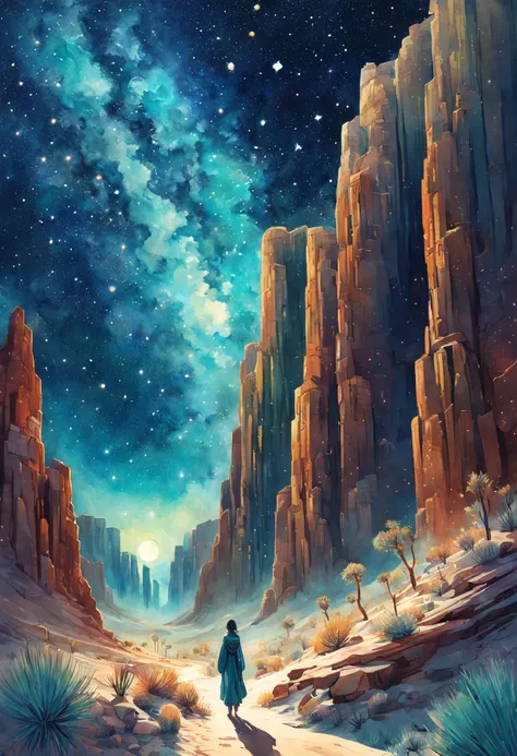 "a desert canyon made of stars on a starry night" double exposure collage art watercolor illustration, sharp contrast, fantasy, hdr, vibrant, surrealism, hyperdetailed, hypermaximalist illustration by Meg Chikhani, Victo Ngai, Rlon, Andreas Lie, Android Jo...