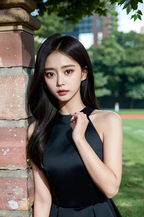 tzuyu1、woman、(realistic)、(hyper realism)、(フォトrealistic)、Depth of the bounds written、eye make up:0.8、(upper body:1.2)、(Narrow waist)、see the beholder、black dress、on the field、