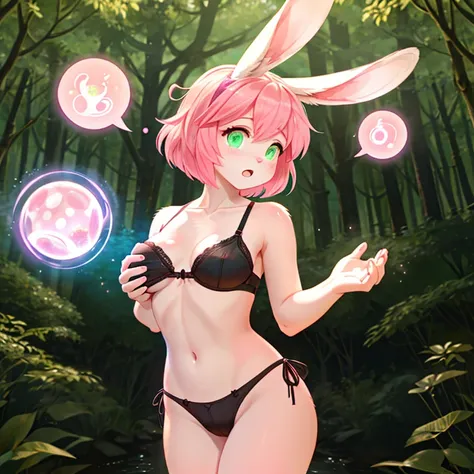 Short shocked Female bunny with pink fur long Pink hairs and glowing Green eyes wearing Black bra and panties looking at her hand while other hand is on her breast there is some traces of magic floating around her she is in a forest