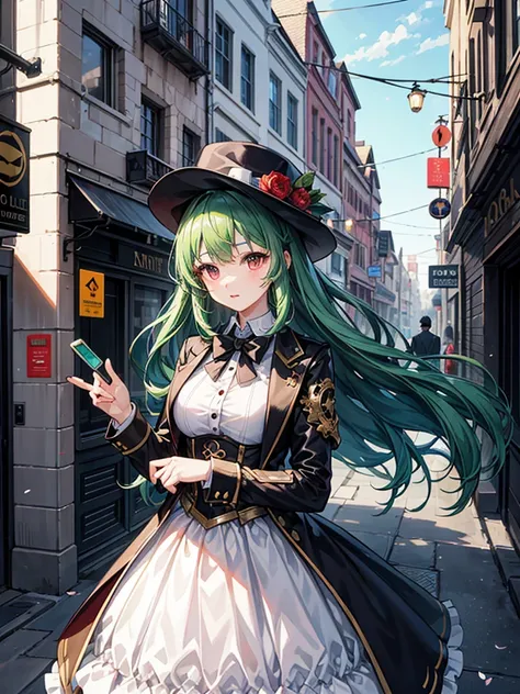 （（（masterpiece、Highest image quality、highest quality、highly detailed unity 8ｋwallpaper）））、（（Illustration of one girl））、（（（beautiful girl）））、（（green hair、long hair、straight、red eyes））、（（Men：1.2、silk hat、tuxedo））、steampunk、chimney、１９street corner of the cent...