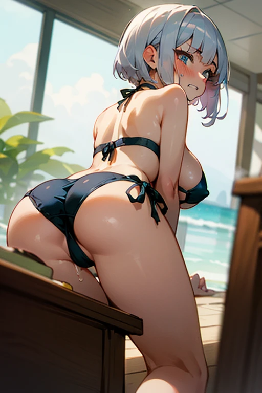 (masterpiece, best quality), nsfw,

1girl, all fours on desk, (close-up ass:1.1), back shot, looking back, from below, ass, thighs, (anal, vibrator),

18 yo,  short silver hair, 
beautiful detailed cutest eyes, gal,
eyeshadow, lips, anime girl, large breas...