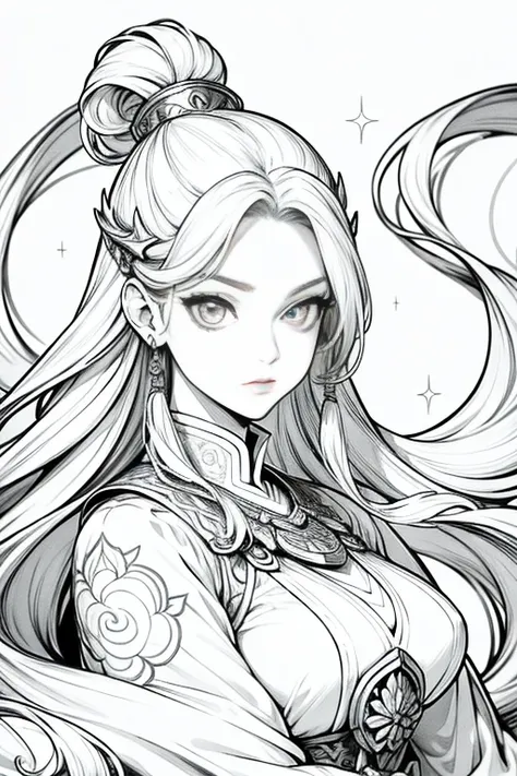 (Cloisonnism:1.2), White background , 1 close up of a woman in a costume holding a sword, a character portrait, fantasy art, extremely detailed ,hot fire goddess, red haired goddess, Oriental elements, reasonable design, Clear lines, (lineart, monochrome)