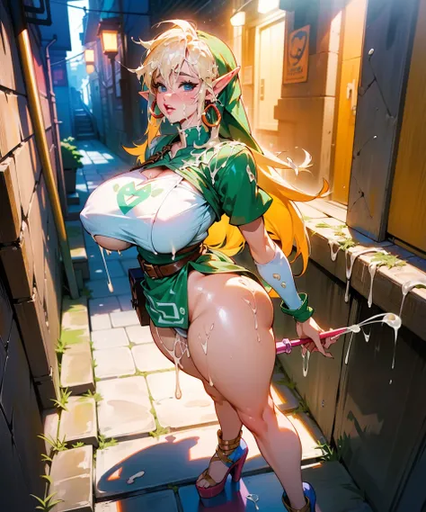 (link:1.6), legend of zelda, GS-Womanly, full body 1girl, (((bimbo))),(hoop earrings, puffy lips, painted lips, thick lips.:1.2) ((platform heels)) blonde hair, thick thighs, bursting breasts, (full skirt),navel, tube top, o-ring top, high resolution,(mast...