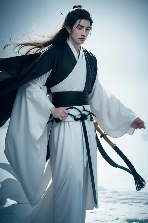 close-up of man in black robe holding fan and spinning in circles, white hanfu, inspired by zhang han, cai xukun, beautiful and ...