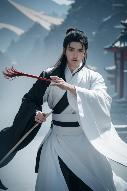 Close-up of man in black robe holding fan and spinning in circles, white hanfu, Inspired by Zhang Han, cai xukun, Beautiful and handsome prince, Beautifully, heise jinyao, full body martial arts, inspired by Guan Daosheng, flowing hair and gown, Inspired b...