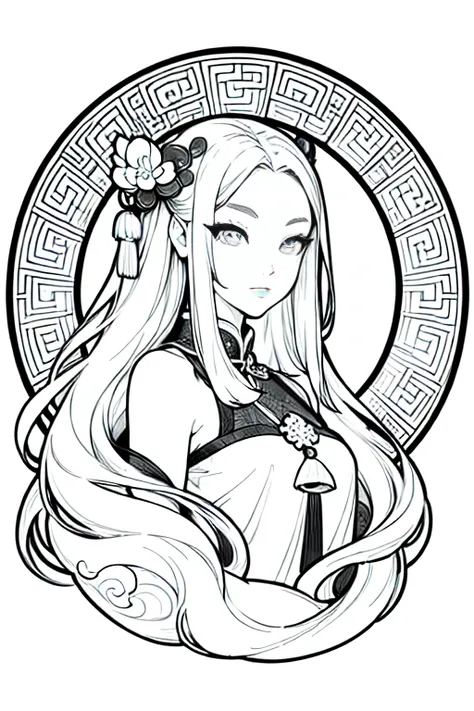 (Cloisonnism:1.2), White background , 1 Long haired Chinese girl head, Oriental elements, reasonable design, Clear lines, (lineart, monochrome)