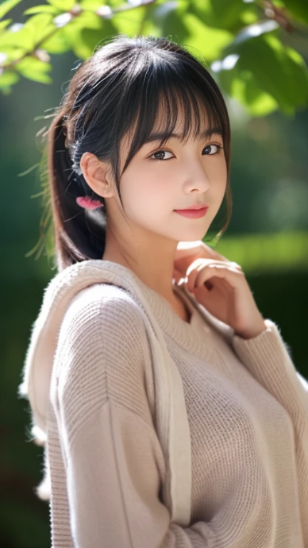 1 girl, alone, japanese girl, middle school girl、12 years old, (highest quality, realistic, High resolution, 8K, super detailed, detailed face, shiny skin), black hair, choppy bangs, ponytail,（full body shot)perfect hands,perfect feet,