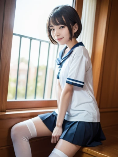 muste piece, Top quality, 8K, 15 years old, japanese girl, slender, Raw photo, absurd, award-winning portraits, (detailed face, shy smile), solo, Transparent white T-shirt made of very thin material、 sailor uniform, short sleeve, idol face, super mini skir...