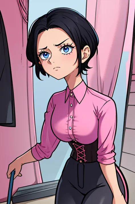 woman, short pixie black hair, blue ringed eyes, pink shirt, black corset, black pants