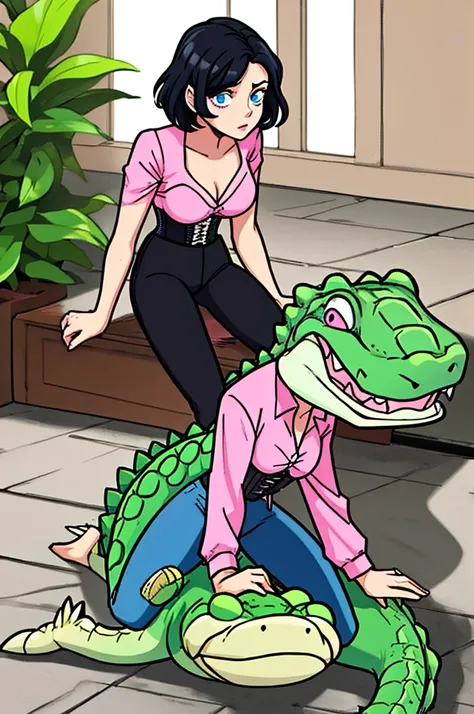 woman, short pixie black hair, blue ringed eyes, pink shirt, black corset, black pants, 1girl, 1man, crocodile