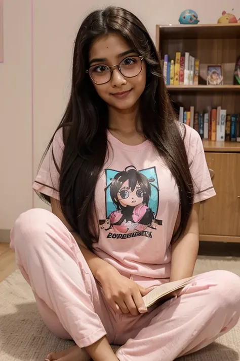 Indian confident girl with pink chicks and cute face in anime cosplay have a big eyes with sizzling lips long hairs piercing in ear and having a smile noise in causal tshirt and pajamas with specs reading book and drinking 