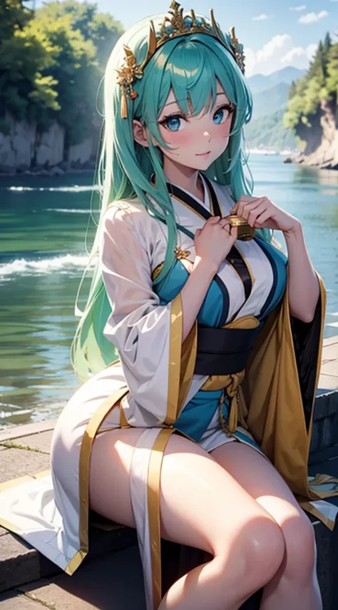 （Enrich the picture，qualidade de obra-prima）Beautiful 8K CG artwork，Goddess-like pose，sittinng on the river，Postural exercises，thin and soft，Translucent skin，Green hair、Super long hair beauty, Super Long Straight Hair，The skin is fair and juicy，Japanese ki...