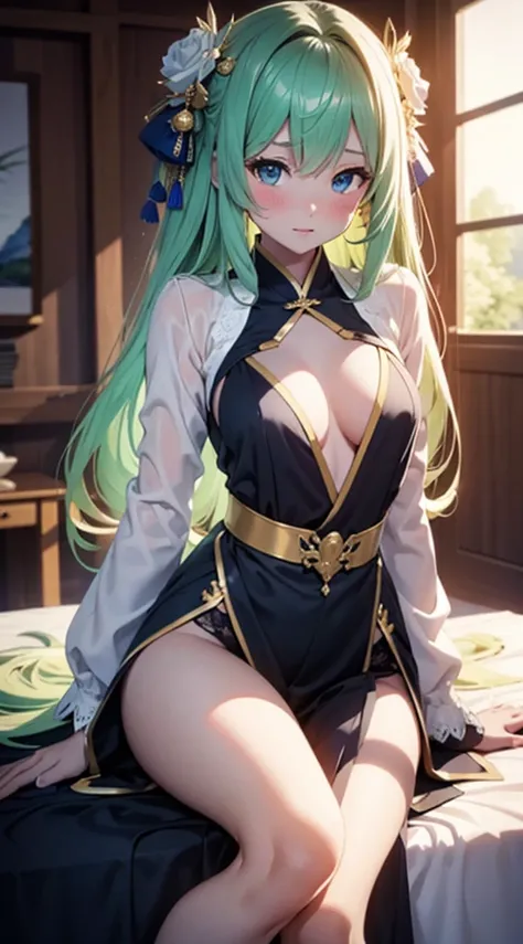 （Enrich the picture，qualidade de obra-prima）Beautiful 8K CG artwork，Goddess-like pose，sittinng on the river，Postural exercises，thin and soft，Translucent skin，Green hair、Super long hair beauty, Super Long Straight Hair，The skin is fair and juicy，Japanese ki...