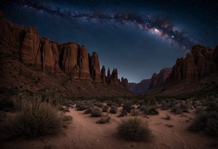 (best quality,highres:1.2),ultra-detailed,professional,realistic,night photography,Desert Canyon,moonlit landscape,captivating starry sky,dramatic rock formations,deep shadows,mysterious atmosphere,sharp focus,vivid colors,bokeh,warm color tones,dimly-lit ...