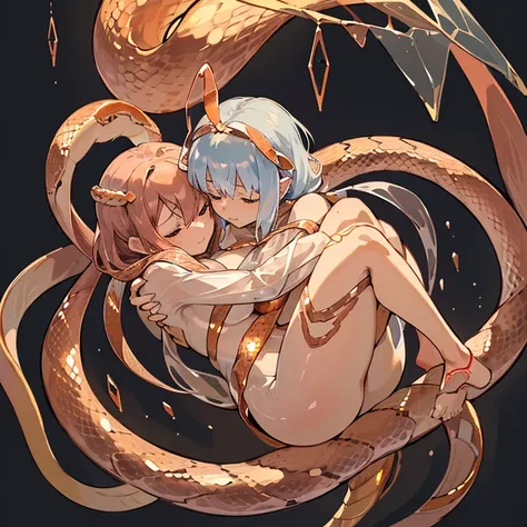 Arrest of all-backed cotton silkworm girl who serves the Transparent Silver Snake、amazing dynamism、amazing angle、unstable buoyancy sandstorm、((Many friendly transparent copper snakes whispering to each other while cuddling together.、hugging each other))、 (...