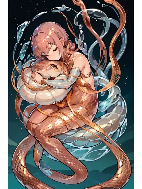 Arrest of all-backed cotton silkworm girl who serves the Transparent Silver Snake、amazing dynamism、amazing angle、unstable buoyancy sandstorm、((Many friendly transparent copper snakes whispering to each other while cuddling together.、hugging each other))、 (...