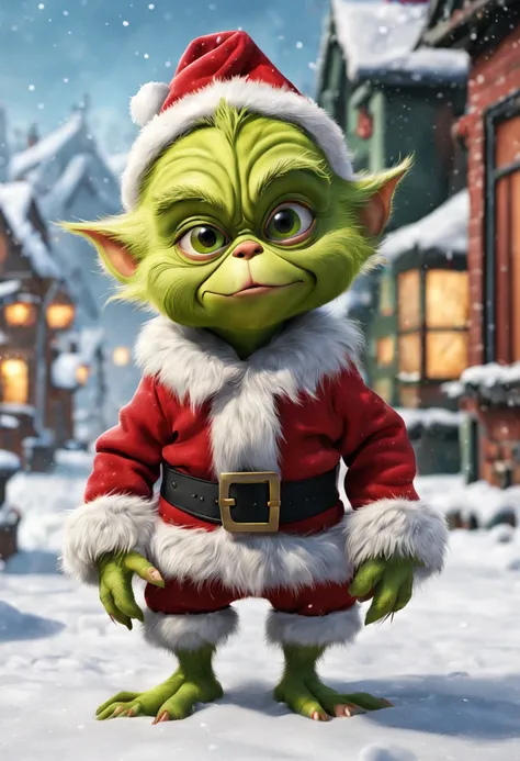 Baby Grinch, full body, Santa Claus, winter background, snowy town, full colors, UHD, hyper realistic, masterpiece,
