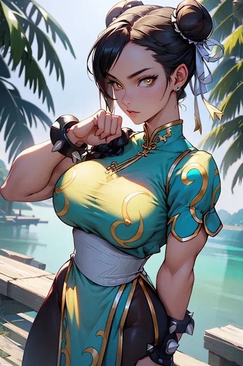 1 girl, black hair, yellow eyes, very long hair, pale skin, curvy, (extremely muscular), perky breasts, frozen lake, belo rosto detalhado, belos olhos, belas coxas, coxas lindas,chun li