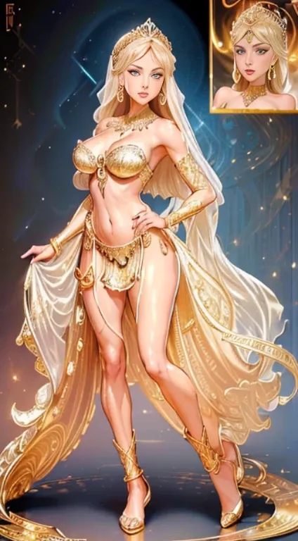 ((full body)), (((head to toe))),  beautiful blushing slender Bride of gold with chignon blonde, against golden lief background, gold lace brassiere, loincloth, diamond necklace, diamond tiara, gold veil, (((American comic style with dark contours))), (((a...