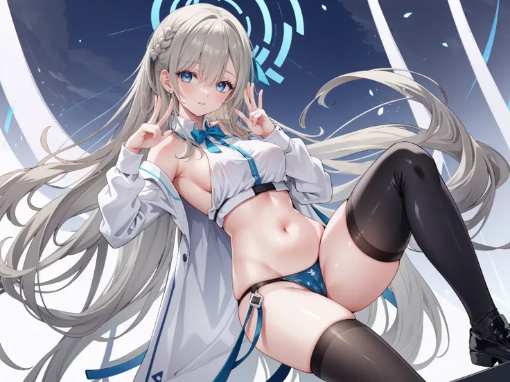 (high resolution), (The best resources), (high quality), (masterpiece), 1 plump girl, Asuna, blue eyes, long gray hair, halo, hair covering one eye, very long hair, light brown hair, (, Cracked Contrast Glue High Socks, Red latex stockings, praying hands l...