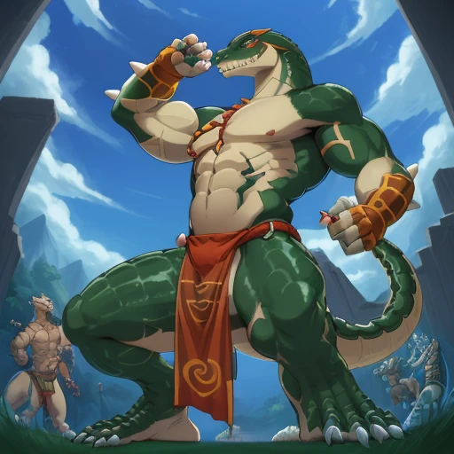 zenberu gugu, scalie, solo, loincloth, male, reptile, muscular male, overlord (series), anthro, muscular, clothing, muscular ant...