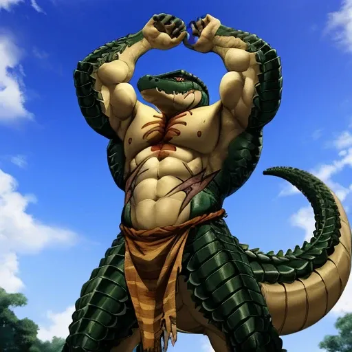 zenberu gugu, scalie, solo, loincloth, male, reptile, muscular male, overlord (series), anthro, muscular, clothing, muscular ant...