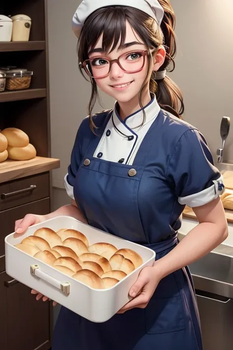 Beautiful girl, 16 years old, ponytail, facial hair, wearing glasses, smiling brightly, happily making bread, carrying a tray of bread into the oven, many kinds of bread in the tray, fragrant and delicious, (wearing  cute chef  (wearing a chefs hat)), in t...