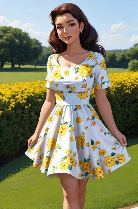 Best quality, woman, 40´s pinup style, floral white and yellow fence dress, florish