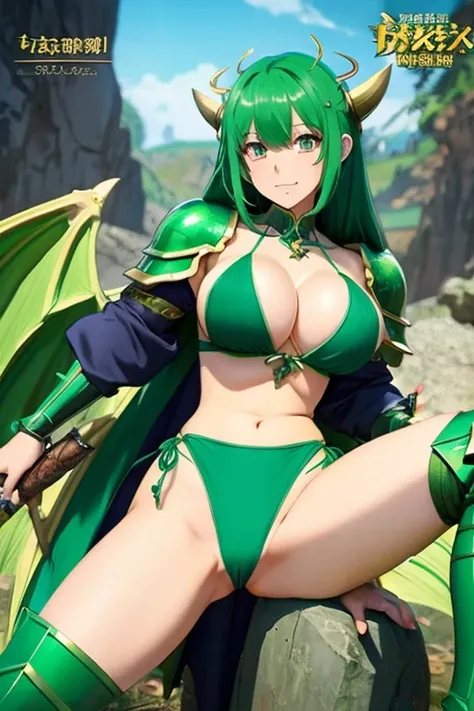 anime style、big breasts、thighs、big butt、green hair、bikini armor、Refers to 5 books、female、dragon knight、Sex、Dragon Wings、Dragons tail