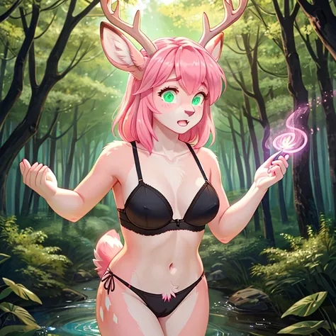 Short shocked Female deer with pink fur long Pink hairs and glowing Green eyes wearing Black bra and panties looking at her hand while other hand is on her breast there is some traces of magic floating around her she is in a forest she is right after gende...