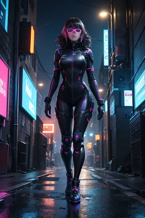 (best quality,4k,8k,highres,masterpiece:1.2),ultra-detailed,(realistic,photorealistic,photo-realistic:1.37),a cyberpunk boy,curly hair,glasses,brown hair,cybernetic implants,neon-lit cityscape,crowded streets,futuristic fashion,light trails,tech gadgets,ho...