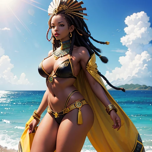 Rainha Africana, rasta comprida, rosto lindo, mamas grandes, armadura, corpo inteiro, corpo perfeito.
