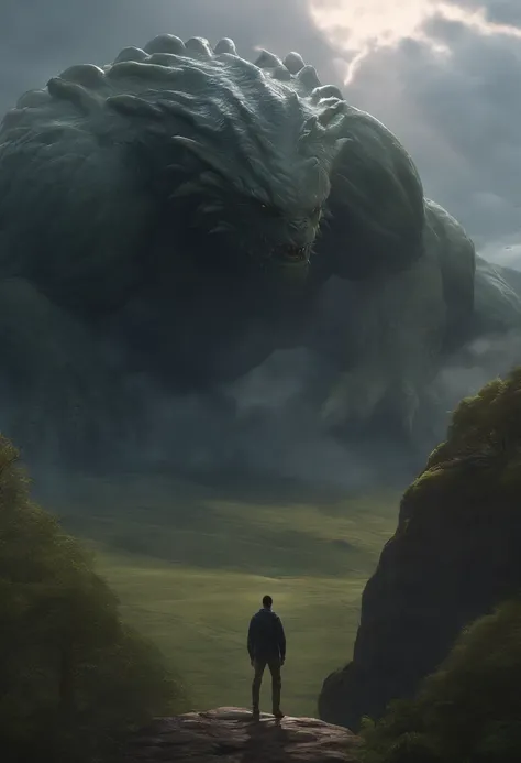 a highly detailed matte painting of a man on a hill watching a giant alien monster, by makoto shinkai, by artgerm, by wlop, by greg rutkowski, volumetric lighting, octane render, 4k resolution, trending on artstation, masterpiece