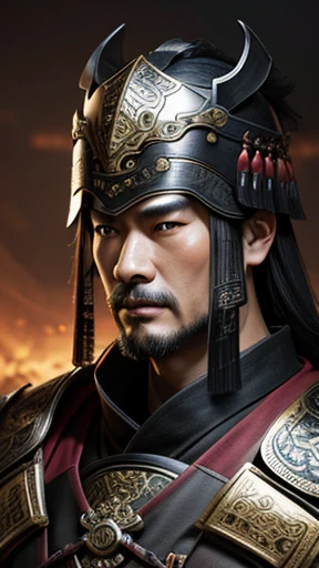 oriental、man in ancient chinese armor、Ancient Chinese man wearing a leather helmet、three kingdom、multiple warlords、highest quality、masterpiece、ultra high resolution、(realistic:1.4)、Game Posters、Clear and beautiful image quality、