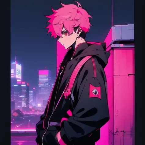 (shortcut), (two block hair), (bright pink hair), (male character), (red eyes), (cool pose), (top quality), (masterpiece), (Super detailed), (oversized hoodie), (Street style), (neon), (modern city), (neonデイライト), (cinematic), (stylish), (High resolution), ...