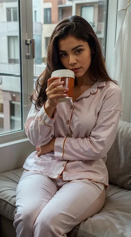 Picture of beautiful Latina woman, drinking coffee in her apartment looking the cold weather through the window, wearing a pijama 