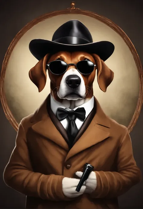 a dog wearing a detective outfit, with a brown coat, wearing glasses with black mirrored lenses, smoking a pipe, holding a magnifying glass.