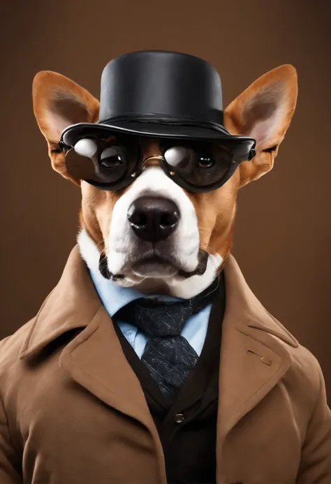 a dog wearing a detective outfit, with a brown coat, wearing glasses with black mirrored lenses, smoking a pipe, holding a magnifying glass.