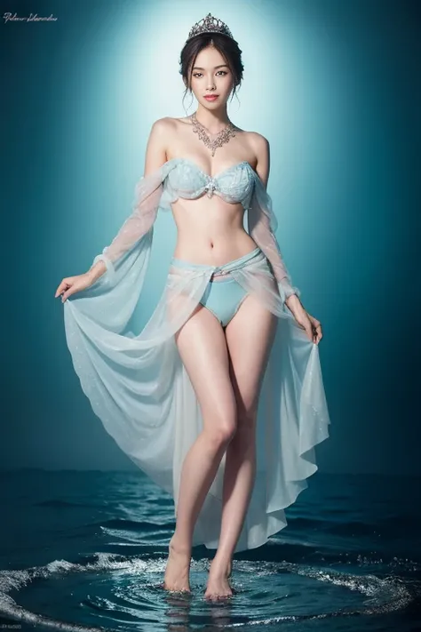 ((full body)), (((head to toe))), beautiful blushing slender Bride of water with chignon bronze hair, against water splash background, water brassiere, loincloth, aquamarine necklace, aquamarine tiara, water veil,